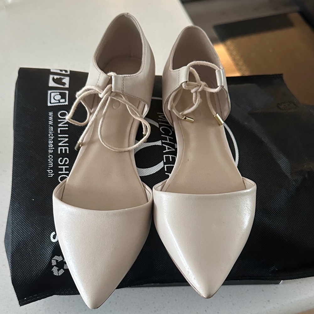 Aldo Cream Pointed Flats with Lace-Up Detail